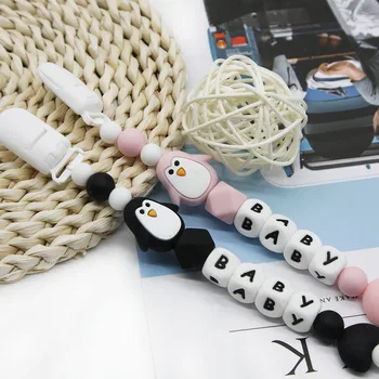 Bonito-idéia 1set de Silicone penguin Esferas de Chupeta Cadeia de Nome Personalizado do Bebê Dentição Cadeia menino menina Brinquedos de Enfermagem Produtos