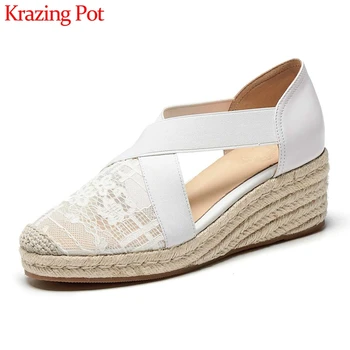 Krazing pote de verão, protetor solar sandálias lace dedo do pé redondo e salto alto palha cunhas de alta moda de rua diário de sapatos de lazer mulheres L28
