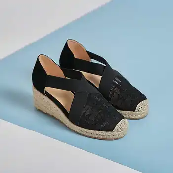 Krazing pote de verão, protetor solar sandálias lace dedo do pé redondo e salto alto palha cunhas de alta moda de rua diário de sapatos de lazer mulheres L28