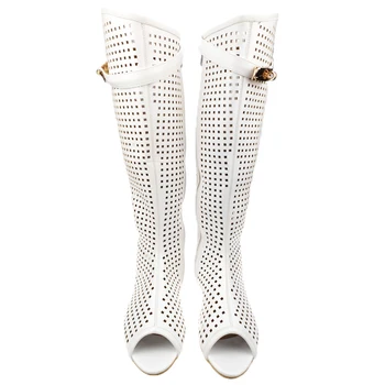 A Coreia Do Novo Sólido Oco Peep Toe De Metal Decoração De Design De Lazer Sapatos De Mulher Zíper Roma Estilo High Top Branco Sandálias Plus Size