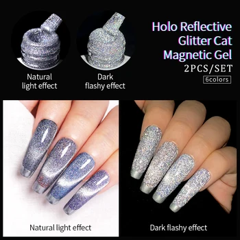 NASCIDO BONITA 2 Pcs/set Holo Reflexiva Glitter Gato Magnético do Gel Holographics Efeito Soak Off Gel UV