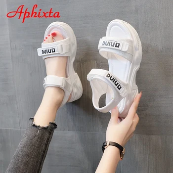 Aphixta 2021 Verão de Novo 1.968 polegadas Calcanhar Plataforma de Mulheres de Sandálias de Senhoras da Moda Letras de Hook & Loop de Malha de Mulheres Cunhas de Sapatos