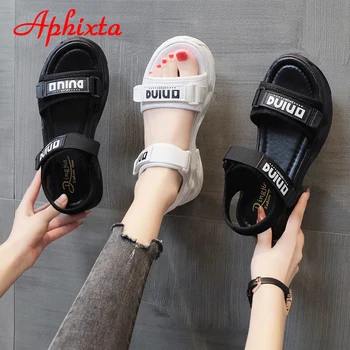 Aphixta 2021 Verão de Novo 1.968 polegadas Calcanhar Plataforma de Mulheres de Sandálias de Senhoras da Moda Letras de Hook & Loop de Malha de Mulheres Cunhas de Sapatos