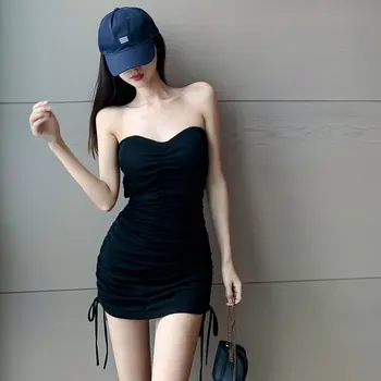Nova Moda de Roupas femininas Sexy do Tubo Superior do Vestido coreano Chic Estilo Plissado Cordão Lace-up Slim-Fit Hip-Moldado Vestido Curto