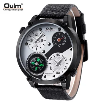 Oulm Termômetro de Grande Dial Homens Relógio de Tempo Duplo Zona Bússola de Couro Relógio de Quartzo Relógios Mens Top de marcas de Luxo