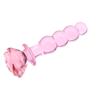 Bead Anal Bunda Estimulação de Vidro Vibrador Massageador de Próstata Sexo Loja de Brinquedos Sexuais para as Mulheres de cor-de-Rosa Flor de Rosa Forma do Plug Anal
