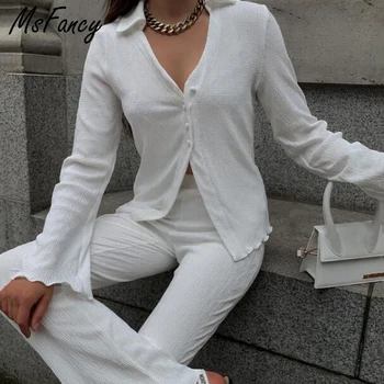 Msfancy Calça Se Adapte Às Mulheres 2021 Branco De Manga Longa Slim Camisa Elástico Na Cintura Perna Larga Calças Dividir Mujer 2 Conjunto De Peças De Roupa Casual