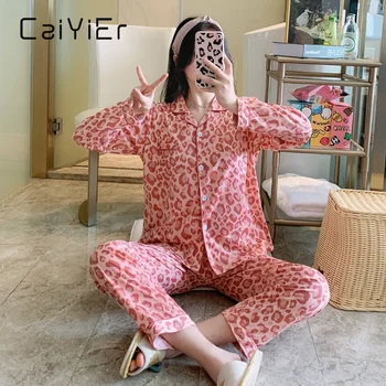 CAIYIER 2021 S/A Pijama Conjunto Pink Leopard Impressão de Cereja Impressão Senhoras Encantadoras Pijamas Em Mangas compridas Calças de Poliéster HomeSuit