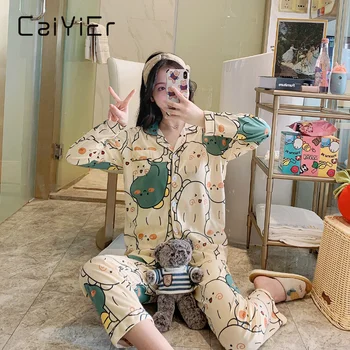 CAIYIER 2021 S/A Pijama Conjunto Pink Leopard Impressão de Cereja Impressão Senhoras Encantadoras Pijamas Em Mangas compridas Calças de Poliéster HomeSuit