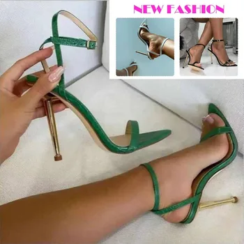 Novo Design 2021 Pulseira de Tornozelo Verde Mulheres Sapatos de Salto Alto 11 cm de Sandálias de Dedo Apontado Fêmea Festa de Casamento Sapatos Sandalias De Mulher
