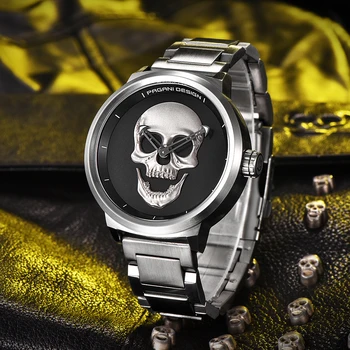PAGANI DESIGN 2021 Novos Relógios de homens de Esqueleto Crânio de Quartzo Relógios Para Homens Automática Impermeável Moda Couro Genuíno