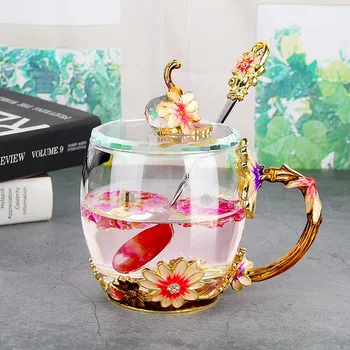 Rosa vermelha Esmalte Cristal caneca de Chá da Flor de Vidro de Alta qualidade Copo de Vidro Flor Caneca com Handgrip Presente Perfeito Para o Amante de Casamento