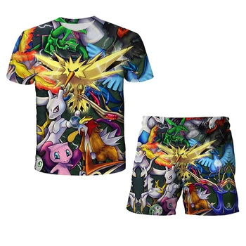 Crianças Pikachu Streetwear Conjuntos de Bebê, Roupas de Verão Harajuku Girls 3D T-shirt+calça Conjunto de Pokemon T-Shirts Crianças Sport Suits