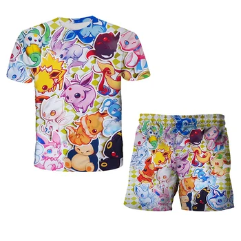 Crianças Pikachu Streetwear Conjuntos de Bebê, Roupas de Verão Harajuku Girls 3D T-shirt+calça Conjunto de Pokemon T-Shirts Crianças Sport Suits