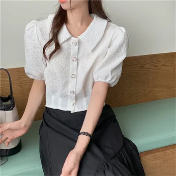 HziriP Coreano Plus Size Cintura Alta Sólido Mangas Curtas 2021 Elegância Chique Slim Soltas Suave, Quente, Doce Senhora, Camisas De