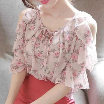 Babados Laço Gola Tops Doce Senhoras coreano Moda estampa Floral Blusas para Mulheres Chiffon Slim Blusa Office Top de Verão Blusas