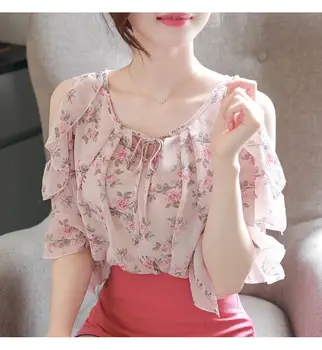 Babados Laço Gola Tops Doce Senhoras coreano Moda estampa Floral Blusas para Mulheres Chiffon Slim Blusa Office Top de Verão Blusas