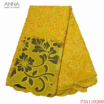 Anna amarelo africana net laço de veludo tecido bordado com pedras e miçangas de alta qualidade francês de tule de renda nigeriano tecidos de malha