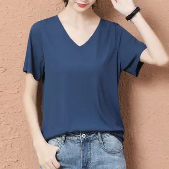 O novo ice seda de manga curta t-shirt de Verão de Cor Sólida Mulheres fina maré decote em V T-shirt versão coreana soltas topo