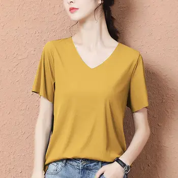 O novo ice seda de manga curta t-shirt de Verão de Cor Sólida Mulheres fina maré decote em V T-shirt versão coreana soltas topo