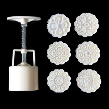 6pcs Flores em 3D Selos Lua de Decoração do Bolo de Molde Barril Rodada Mooncake Molde 50g de Pastelaria Mooncakes Mão Ferramenta de DIY