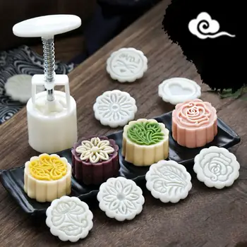 6pcs Flores em 3D Selos Lua de Decoração do Bolo de Molde Barril Rodada Mooncake Molde 50g de Pastelaria Mooncakes Mão Ferramenta de DIY