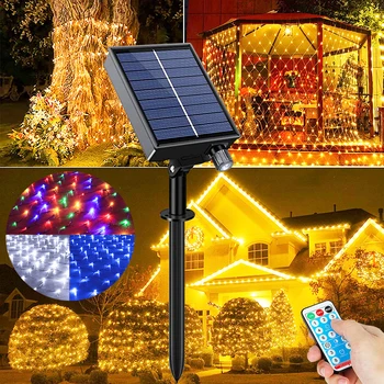 Solar 1.5x1.5M/ 3x2M LED Luzes Líquidas Impermeável Temporizador de Dimmable do DIODO emissor de Malha de Cadeia Luz de Natal para Pátio com Jardim, Luzes Piscando