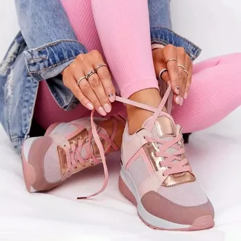 Mulheres Cunha Sapatilhas Casuais Sapatos De Malha Respirável Rendas Até Sapatos Обувь Для Женщин Летняя De Alta Qualidade Zapatillas Mujer