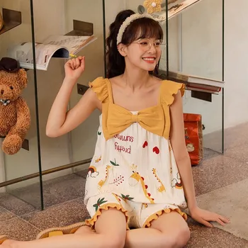 NIGHTWA Versão coreana Bonito Pijamas para Mulheres Kawaii Cartoon Pijama Conjunto de Suspender Superior short com Laço em Sala de Vestir
