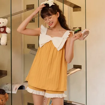 NIGHTWA Versão coreana Bonito Pijamas para Mulheres Kawaii Cartoon Pijama Conjunto de Suspender Superior short com Laço em Sala de Vestir