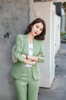 Novidade Uniforme Verde Desenhos Pantsuits para as Mulheres de Negócios Trabalho de Vestir Ternos Pofessional Blazers Conjunto da Carreira Entrevista Roupas