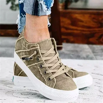 Novos Sapatos De Lona De Mulheres 2021 Moda Primavera Zíper Lace Up Jeans De Senhoras Tecido Plano Sapatos Confortáveis, Feminino, Moda, Sneakers