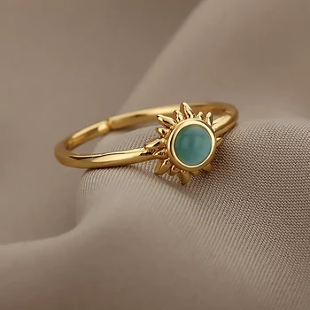 Sol Azul Opal Ring para as Mulheres Simples Abrir Anéis de Aço Inoxidável do Anel do Dedo de Acessórios Fivela Anéis Jóias Presentes bague femme