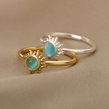 Sol Azul Opal Ring para as Mulheres Simples Abrir Anéis de Aço Inoxidável do Anel do Dedo de Acessórios Fivela Anéis Jóias Presentes bague femme