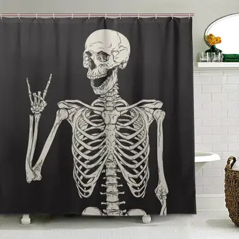 Rock And Roll Do Crânio Do Esqueleto Cortinas De Chuveiro Do Poliéster Impermeável, À Prova De Mofo Dia Dos Mortos Esqueleto Cortina De Banho Para Banheiro