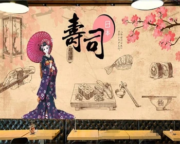 Beibehang Personalizado Retro Japonês Sushi Comida Japonesa, Sushi Restaurante na Parede do Fundo da Pintura Paisagem de Parede Behang papel de Parede