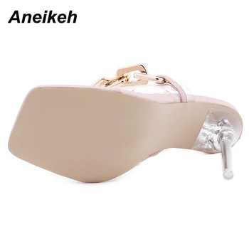 Aneikeh 2021 Verão as Mulheres Sapato Sexy Aberto Toe de Salto Alto da Moda PVC Tornozelo Corrente de Metal Pulseira de Fivela de Senhoras Sandálias de Festa 35-42