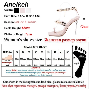 Aneikeh 2021 Verão as Mulheres Sapato Sexy Aberto Toe de Salto Alto da Moda PVC Tornozelo Corrente de Metal Pulseira de Fivela de Senhoras Sandálias de Festa 35-42