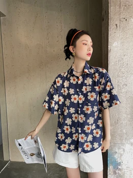 CHEERART Daisy Camisa Floral Para as Mulheres do Vintage Azul de Manga Curta Botão de Camisa de Colarinho Verão Blusa 2021 coreano de Moda de Topo