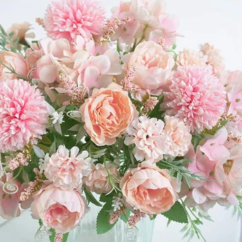 Flores Artificiais, Falsas Peônia Seda Hortênsia Buquê De Decoração Plástica Cravos Realista Arranjos De Flores Para Decoração De Casamento
