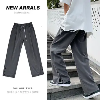 HybSkr Homens de Cor Sólida Reta Calças de 2021 o Homem da Moda Casual Oversize coreano Streetwear Calças de Roupas