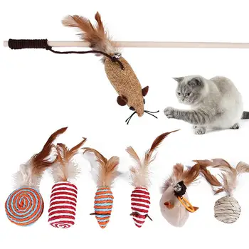 7pcs/set rato tease gato vara de Penas + Fibra de Agave/Veludo + haste de Madeira brinquedo do gato interativa do gato de brinquedo, brinquedo do gato com catnip peixe