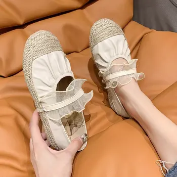 O cânhamo de malha tampa de pés de flats plissado ballet shoes mulheres mauricinho patchwork sapatos rendas elástico bailarina alpargata 42