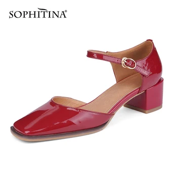 SOPHITINA Mulheres Sandálias de Verão Casual Trajeto de Patente de Couro, Sandálias de Dedo do pé Quadrado Grosso de Calcanhar de Vinho tinto de Moda de Sapatos de Senhoras AO947