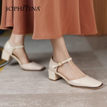 SOPHITINA Mulheres Sandálias de Verão Casual Trajeto de Patente de Couro, Sandálias de Dedo do pé Quadrado Grosso de Calcanhar de Vinho tinto de Moda de Sapatos de Senhoras AO947
