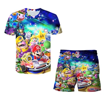 Verão Mario-bros Camisetas Ternos de crianças meninos/meninas Super Mario jogos de desenhos animados manga curta T-shirt tops Crianças Conjuntos de Vestuário
