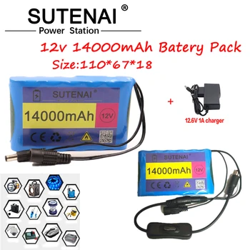 18650 bateria 12V 14000mah de lítio recarregável recarregável de iões de lítio de capacidade DC 12,6 V 14Ah do CCTV monitor cam. Luzes de rua solares + carregador