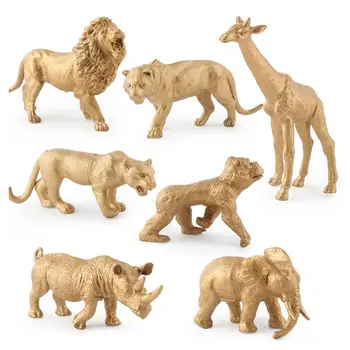 7PCS Versão Gold de Simulação de Parque de vida Selvagem Modelo Animal Brinquedos de Plástico Floresta Selva Brinquedos Leão Figuras de Ação Brinquedo Educativo
