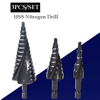 3Pcs de Nitrogênio do Aço de Alta Velocidade de Passo de Broca Espiral Flauta Cortador de Buraco de 4 a 12/20/32 mm HSS Passo Cone Broca Definido Para o Metal Cone