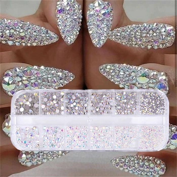 12 Grades/caixa Misto de Cristal Strass Unhas 3D Glitter Jóias de Vidro, Pedras de Diamante Decoração de Unhas Unhas Acessórios